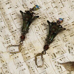 Olive Green Brown Hand Painted Lucite Green Dots Earrings